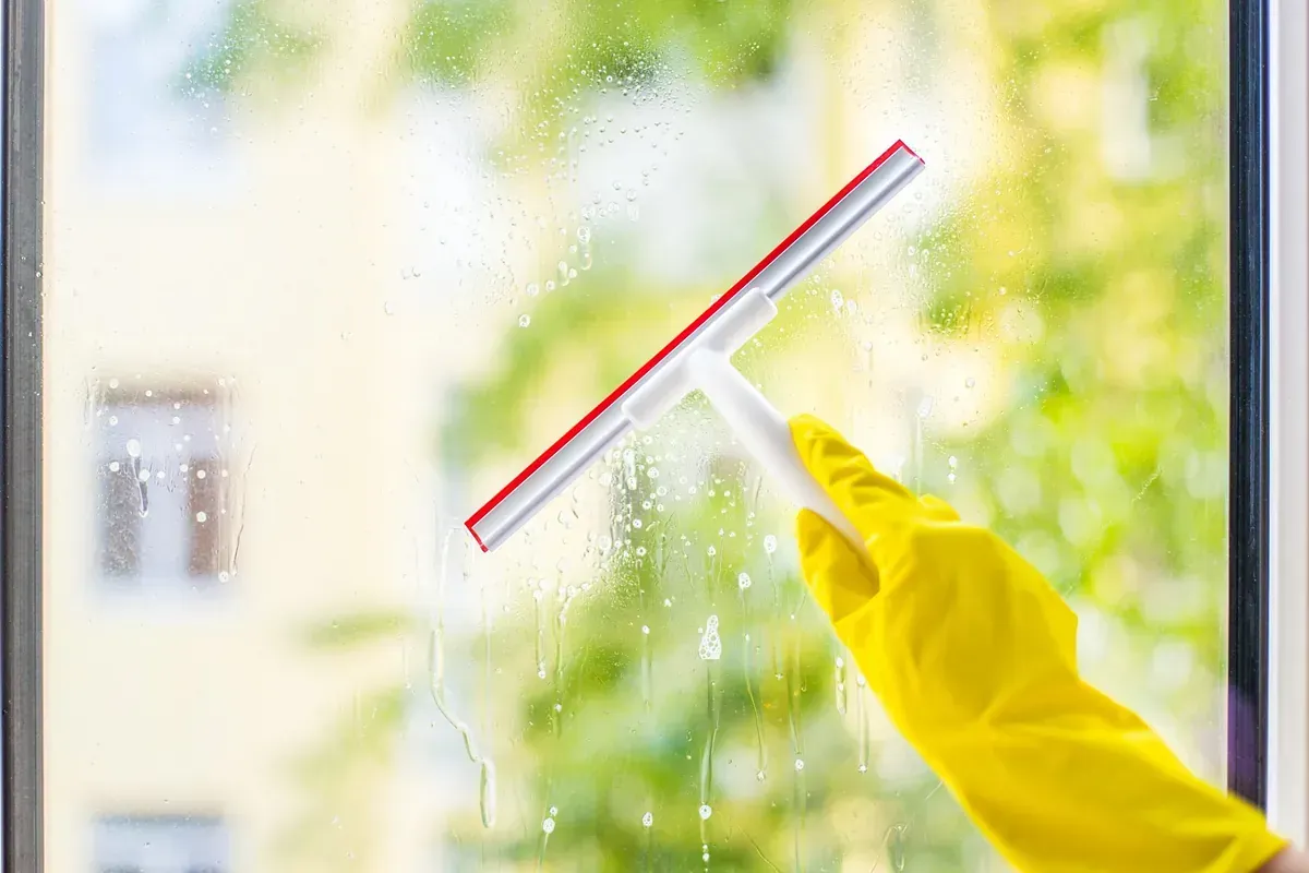 Una persona que lleva guantes amarillos está limpiando una ventana con una escobilla de goma.